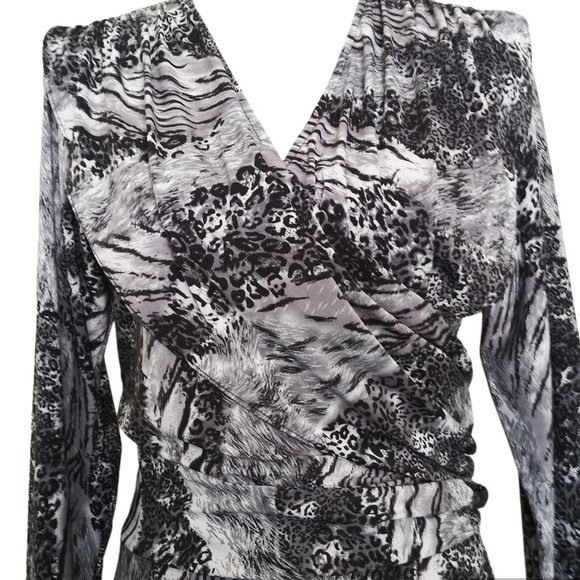 Sharon Max Gray Animal Print Dress Size XL Faux Wrap Stretch Long Sleeve - Picture 2 of 4
